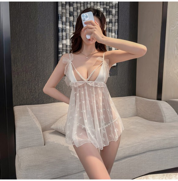 FEE ET MOI - Sheer Beaded Strap Nightdress (White)